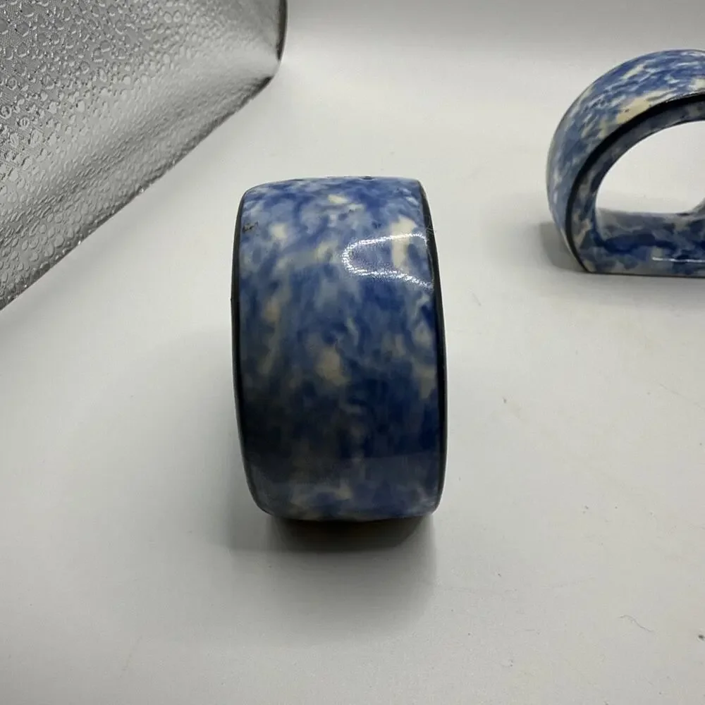 Vintage Knobler Blue Spongeware Ceramic Napkin Rings Set Of 3